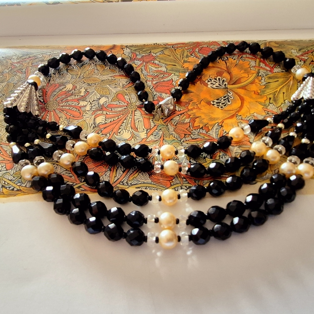 Vintage Black  Crystal and Pearl  Multi-Strand Necklace with Elegant Bead Design